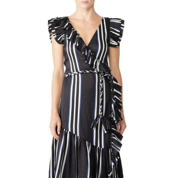 Apiece Apart  Costa Del Sol Ruffle Wrap maxi dress Linen Silk blend   striped W4 - Picture 15 of 16